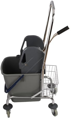 Axis Line Wischeimer Fahrbar mit Presse - 27L Reinigungswagen Chrom | Inklusive Ablagekorb und Doppelbacken-Presse aus Metall. Stabiler Einfachfahreimer mit Lenkrollen für Gewerbe und Haushalt.