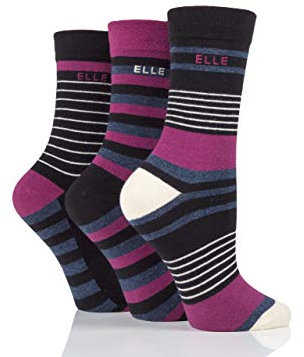 ELLE Ladies Cotton Socks 3pk- Plain, Striped and Patterned Soft Cotton Socks with Hand Linked Toes Multipack of 3 Pairs Size 4-8 Black/Blackbird Stripe 4-8