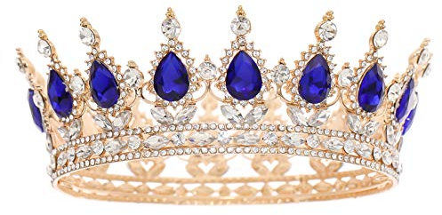 FORSEVEN Königin Krone Strass Hochzeit Kronen und Tiaras für Frauen Kostüm Party Haarschmuck Prinzessin Geburtstag Krone Kristall Braut Krone, Gold+Blau, 1 Count (Pack of 1)