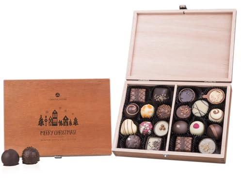 CHOCOLISSIMO - Schokolade Geschenk - 20 handgemachte Pralinen im Holzkästchen, ohne Alkohol - Weihnachtsschokolade, Geschenk zu Weihnachten, alkoholfrei, für Kinder, Frauen, Männer - Merry Classic