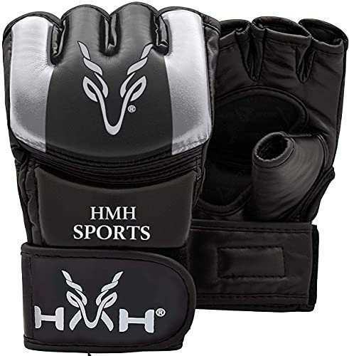 HMH Sports MMA Gloves for Grappling Martial Arts, Open Palm Maya Hide ConvEX Leather Sparring Mitts for Cage Fighting, Kickboxing, Punching Bag, Muay Thai and Combat Training (Silver, Large)