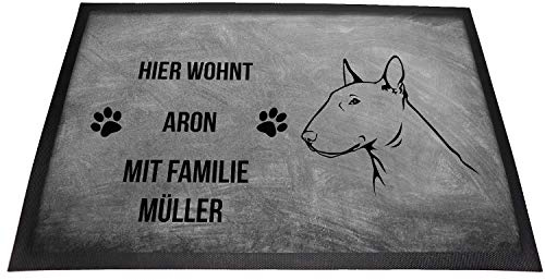 Bullterrier Fußmatte personalisiert - innen und außen, Grau, 40 x 60 cm | Hundemotiv Bullterrier, Hier wohnt Dein Hund mit Deiner Familie, rutschfest, waschbar, für Haustür
