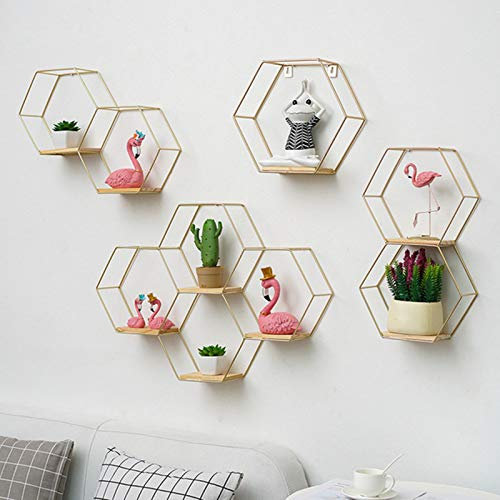 Hexagon Wandregal modern aus- Holz und schwarzem Metall, Gewürzregal im Industrie Design, Küchenregal, Wanddeko, Hängeregal, Wandboard freischwebend, Schweberegal Gold 24 x 9.5 x 20.5 cm