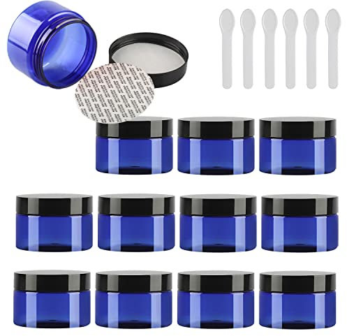 TIANZD 12 Pièces Vides Petit 150 ml Bleu Cosmétique Pot en Plastique avec Couvercle Noir 150 g Pots de Cosmétique Crème de Bouteille Contenant avec 6x Spatules