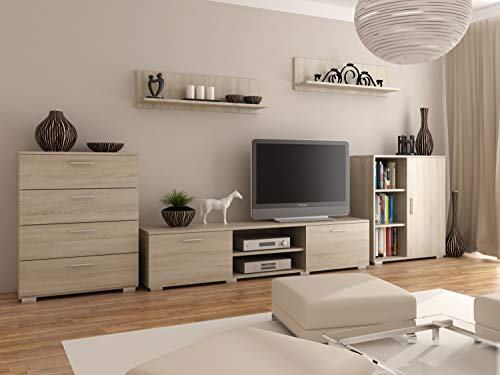 MATKAM Wohnwand Chopin 2, 5-teilig, laminierte 18 mm, Schubladenschrank H100 x B80 x T40 cm, Fernsehschrank H35xB150xT40cm, Kommode mit Tür H100xB80xT30cm, 2X Hängeregale (Sonoma Eiche)