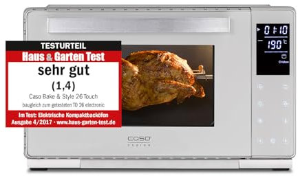 CASO Bake & Style 26 Touch - Design Backofen, Testurteil: Sehr Gut,9 Automatikprogramme, Temperaturbereich von 30 - 230 °C, Timer, inkl. Drehspieß und Pizzastein, Backen, Braten, Aufbacken, Grillen