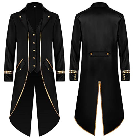 Mittelalter Kleidung Herren Frack Jacke Smoking Steampunk Mantel Gothic Captain Jack Sparrow Kostüm Halloween Karneval Faschingskostüme Viktorianisches Renaissance Vikings Gehrock Schwarz Gold M