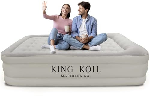 King Koil Luxury Queen Air Mattress with Built-in Pump for Home, Camping & Guests - Queen Size Inflatable Airbed Luxury Double High Adjustable Blow Up Mattress, Durable Portable Waterproof