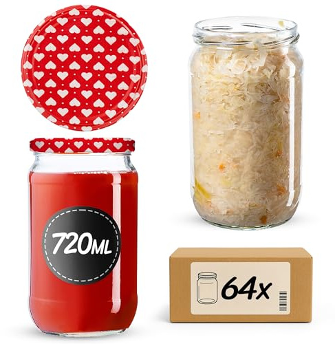 KADAX 64er Set Einmachgläser 720ml TO82 Herz, Große Sturzgläser mit Schraubdeckel, Einkochgläser Fermentierglas für Gurken, Gemüse, Sauerteig