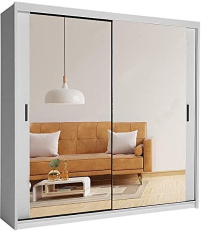 Samsun Modern Double Sliding Mirror Door Wardrobe Bedroom with Adjustable Hanging Rails, Shelves Storage Cupboard For Home Furniture (White, 203cm)