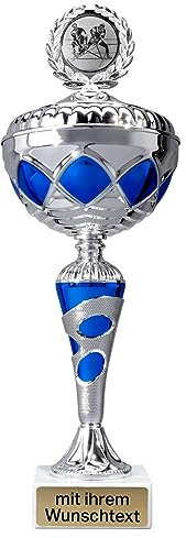 Deitert Pokal 10er Serie in Silber-Blau mit Deckel - 31,7 cm Trophäe mit Wunschtext graviert und Sportemblem nach freier Auswahl - Sportpokal mit Marmorsockel für Ihre Siegerehrung 59870