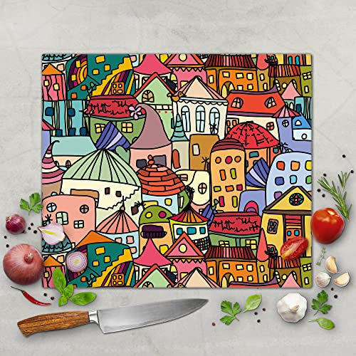 banjado Schneidebrett Glas mit Motiv Funky Town - großes einteiliges Glasschneidebrett rechteckig 60 cm x 52 cm - auch verwendbar als Schneidebrett Herdabdeckung