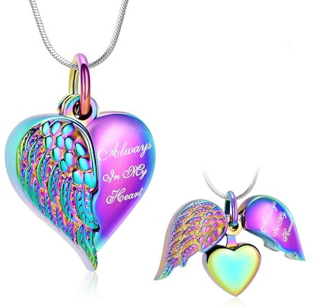 Minicremation Herz-Urnen-Halsketten-Anhänger für Asche, Engelsflügel, Einäscherungsschmuck für Damen und Herren, Andenken, Asche, Schmuck mit Aufschrift Always in my Mind Forever in my Heart,
