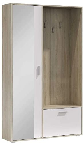 BIS - Flurgarderobe Schmal I Flur Möbel 120cm Breit I Flurgarderoben mit Spiegel I Garderobenpaneel I Wandgarderobe mit Ablage und Schuhschrank I Garderobenschrank Flur I Sonoma Eiche/Weiss