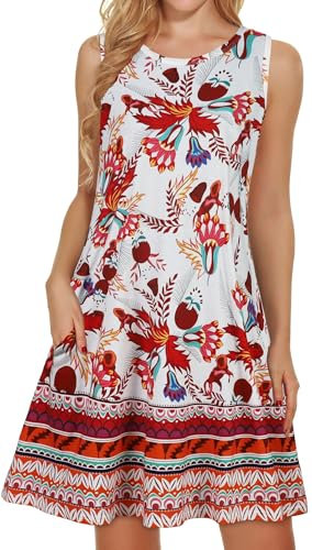 elescat Damen-Sommerkleider 2024, Strand, lässig, ärmellos, Blumendruck, Tanktop, lockeres Sommerkleid mit Tasche, Mittel