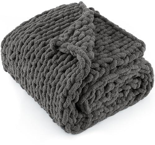 LONG CREATE Chunky Knit Throw Blanket 60X 80, 100% Handmade with Soft Chenille Yarn, 6.7lbs Thick Cable Knitted Blankets, Large Rope Knot Crochet Throws for Couch Sofa Bed Home Decor, Dark Grey