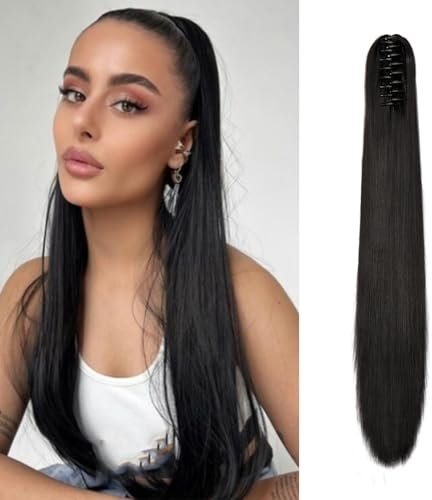 Cybelleza Ponytail Extensions Zopf Pferdeschwanz Haarteil Glatt Lang 55cm Claw Clip in Haarverlängerung Kunsthaare Synthetik Haarverlängerung Zopf Extension für Frauen, Natürlich Schwarz