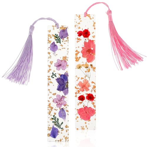Qianyu 2 Stück Getrocknete Blumen Harz Klare mit Quaste Gepresste Blumen Lesezeichen Personalisiert Bookmark Handgemachte Natürliche Seitenmarkierungen für Leser Lehrer Studenten Weihnachten
