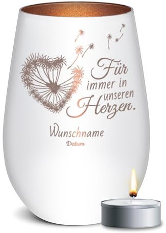PR Print Royal Trauer Windlicht mit Gravur - Für Immer in unseren Herzen - mit Name & Datum gravieren - Trauergeschenk, Gedenklicht, Geschenke für Trauernde | inkl. Teelicht, 450 ml, Weiß/Bronze