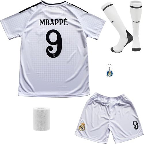 DMDMK Madrid #9 Heim 2024/2025 Kinder Trikot Shorts/Socken Kinder Geschenk und Jungen Größen (White, 30 (13-14 Jahre))
