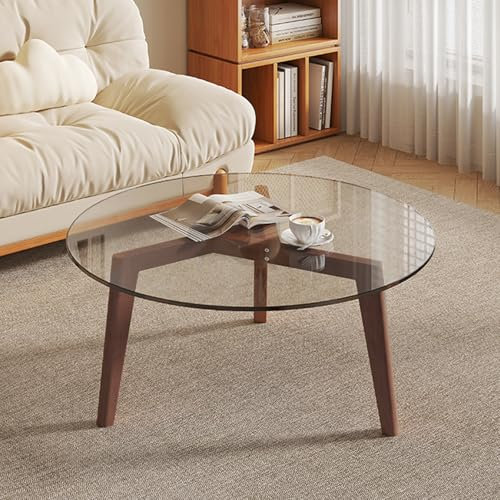 dnziqi Mesas de centro para sala de estar, mesa de centro redonda con parte superior de cristal con patas de madera, mesa de centro moderna de mediados de siglo de 31.5 pulgadas para espacios