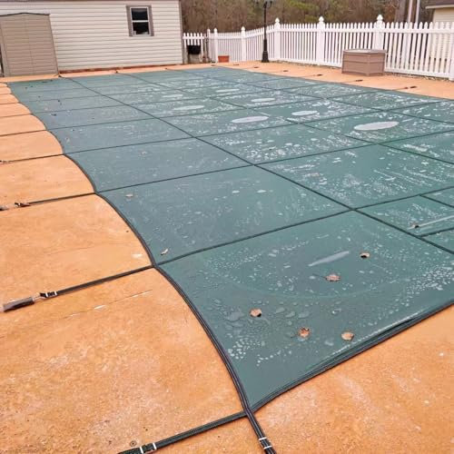 Heavy Duty Winter Pool Safety Cover-Rectangular, 33ft/32ft/30ft/28ft/26ft/24ft/20ft/18ft/16ft/12ft/10ft Durable Inground Pool Cover/Green Mesh, with Brass, Anchors & Steel Springs(2.2m x 4.5m/7ft x 14