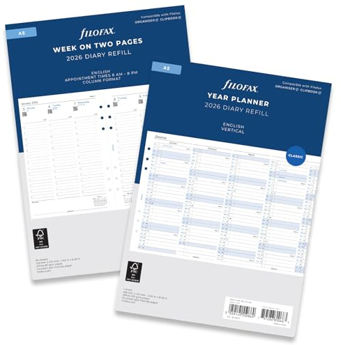 Filofax A5-Terminplaner-Nachfüllpackungen Woche pro Seite mit Notizen, 5 lang oder Woche auf 2 Eng Spaltenformat mit einem Jahresplaner horizontal oder vertikal 2026 (Woche auf 2 englischen