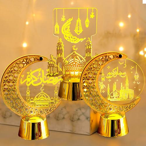 3 Stück Ramadan Deko Laterne, LED Ramadan Lichter Mondlampe Ramadan Umrah Mubarak Deko, Eid Mubarak Dekoration Mond Nachtlicht aus Holz und Acryl, Ramadan Deko Lampe für Islam Muslimische Deko (Gold)