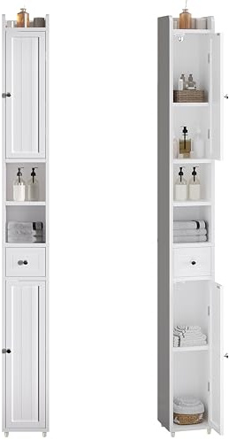 ChooChoo Narrow Bathroom Storage Cabinet with Adjustable Shelves, Tall Storage Cabinet with 2 Doors and 1 Drawer, Freestanding Cupboard for Small Spaces, White