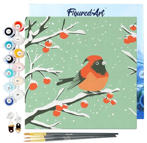 Figured'Art Mini Malen Nach Zahlen Erwachsene Mit Rahmen 20x20cm Kleines Format - Winterlicher Rotkehlchen - Paint by Numbers Basteln DIY Bastelset Leinwand gespannt auf Holzrahmen