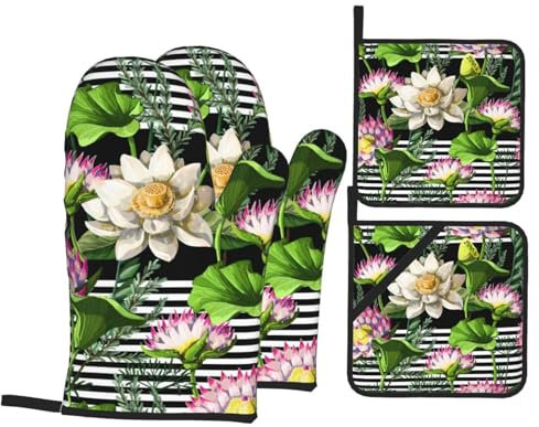 Ofenhandschuhe und Topflappen-Set, rosa Lotus-Streifen, hitzebeständig, Küchen-Backhandschuhe, rutschfeste Oberfläche zum Kochen, Backen, Grillen, Grillen