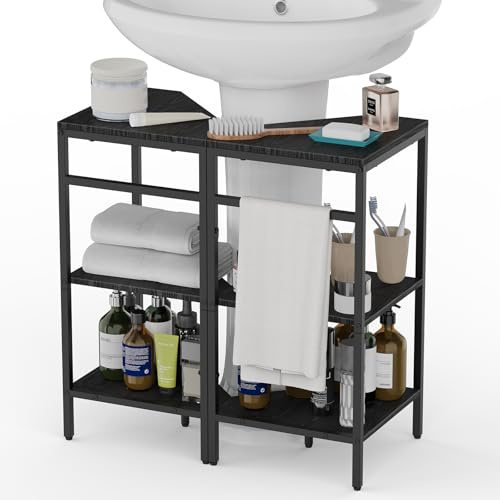 CADUKE Under Pedestal Sink Shelf, 2 Pack Under Sink Organizers and Storage, 3-Tier Pedestal Under Sink Storage Bathroom Vanity, Corner Shelf Stand for Bathroom, Kitchen, Living Room, Black