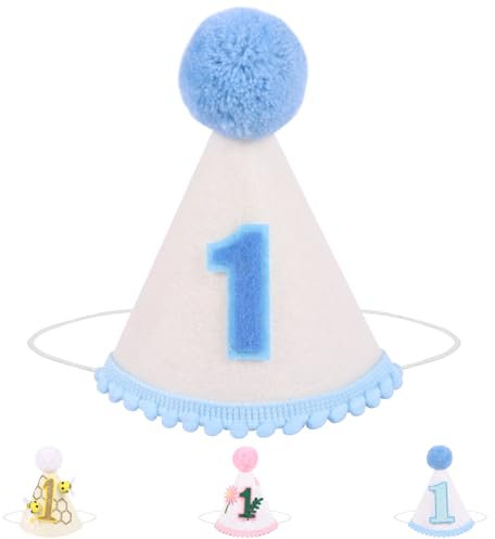 Winmany Baby 1. Geburtstag Hut Säugling Erster Geburtstag Kegel Kappe Kuchen Smash Party Foto Requisiten Kopfbedeckung Dekor für Mädchen Jungen (Weiß Blau)
