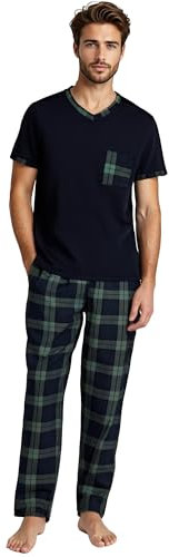 YUSHOW Pyjama Homme Hauts Manches Courtes col V et Carreaux Pantalon Long Pyjamas avec Poches Ensembles Vêtements de Nuit Été Doux Comfortable,Vert à Carreaux,XL