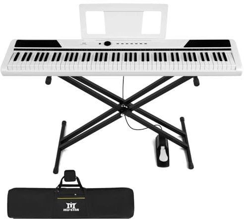 MUSTAR Digital Piano 88 Semi Weighted Keys with Stand, 88 Key Piano Keyboard for Beginners, Full Size Electric Piano Keyboard 88 Keys, 2x25W Stereo Speakers, Case, Sustain Pedal (White)