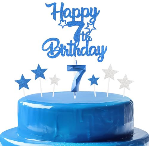 mciskin Royal Blue 7th Birthday Candles Cake Topers Set,Boys 7th Birthday Decorations,Royal Blue Number 7 Candle for Cake,Personalised Cupcake Toppers with Star for Girls Boys Birthday Party Supplies