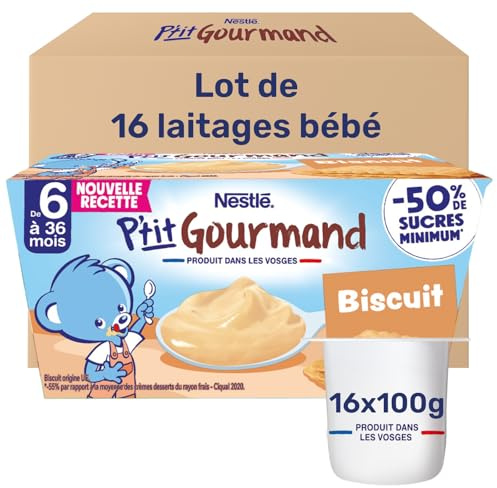 Nestlé - P’tit Gourmand biscuit - Crème Dessert Gourmande pour Bébé 6 Mois+ - Alimentation Bébé au Lait Entier Français - Moins Sucré - Source de Calcium - Sans Colorant ni Conservateur