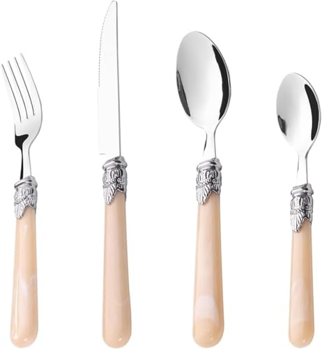 Ourplpme Besteck Set 8 Personen, 16 teiliges Edelstahl-Besteckset mit Vintage-Griff, Silberbesteck-Set enthält Messer, Gabeln und Löffel für Steak, Salat, Suppe, Tee, spülmaschinenfest