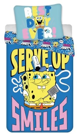 SpongeBob Bettwäsche Set 100% Baumwolle | Kinder Einzelbett Bettbezug 140x200 cm + Kissenbezug 60x65 cm | 'Serve Up Smiles' Design | Weich & Atmungsaktiv | Lustige SpongeBob Schlafzimmer-Deko