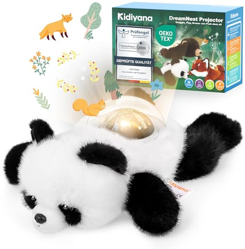 Kidiyana Kuscheltier mit Baby Einschlafhilfe, Plüschtier Himmel Projektor, Schlafmusik & Naturgeräusche, Bewegungs- & Weinsensor, Wiederaufladbar, Erstes Geschenk ab 0 Monat, Panda