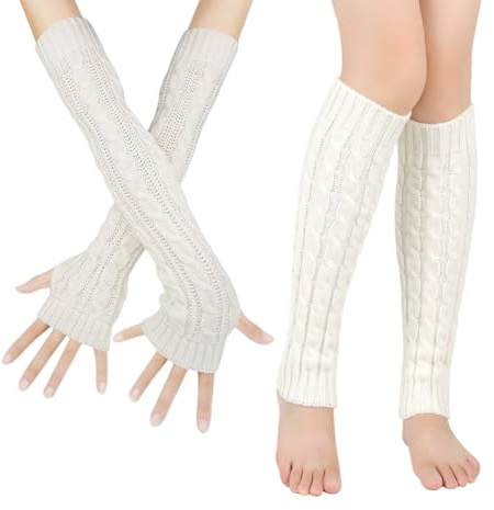 Winter Gestrickte Beinwärmer & Handschuhe Für Frauen,Beinwärmer Warm Und Bequem Langer Beinwärmer Crochet Stricken Stulpen Beinstulpen Kniewärmer Für Ballett Fitness Yoga Weiß