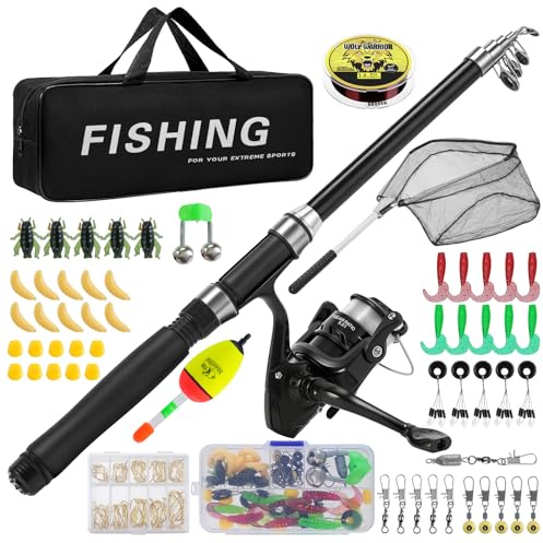 Lomffy Canne à pêche Télescopique et Moulinet, 1.8M Kit de Canne à Pêche avec Filet de Pêche Ensemble Canne à Pêche Télescopique et Moulinet avec Leurres Fil Sac de Transport pour Eau Douce Eau Salée