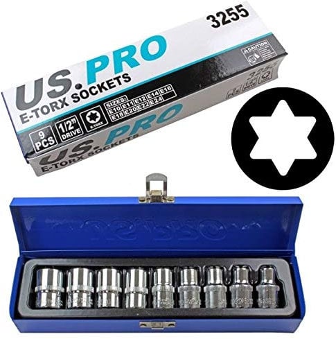 US PRO Tools 9pc 1/2 Dr Female Torx E-TRX Star Socket Set E10-E24 B3255