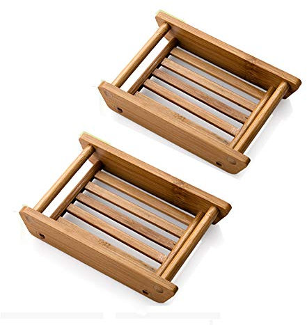 Kaxich Lot de 2 Porte-Savon en Bois Bambou Naturel Boîte à Savon Support de Stockage de Savon de Douche Saver pour Salle de Bain Douche Cuisine