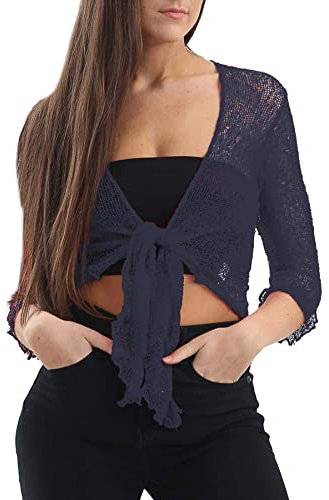 Love My Fashions® Women’s Fish Net Knitted Tie Up Bolero Shrug Top Ladies 3/4 Sleeve One Size Fits All Navy Blue