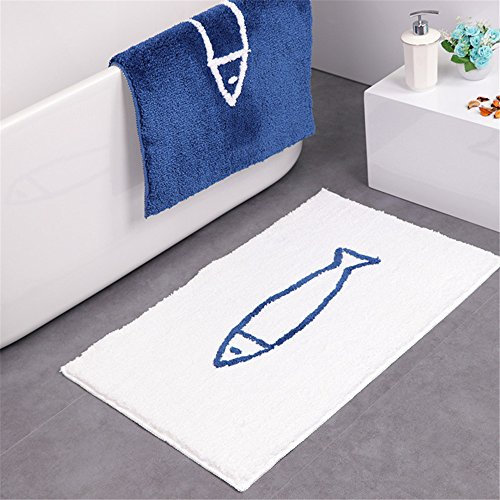 Treer Badezimmermatte Weicher Saugfähig Badezimmerteppich, Mikrofaser Beflockung Badematten Antirutsch Badvorleger Duschteppich Waschbar Badteppich (45 * 120CM,Blauer Fisch auf Weiß)