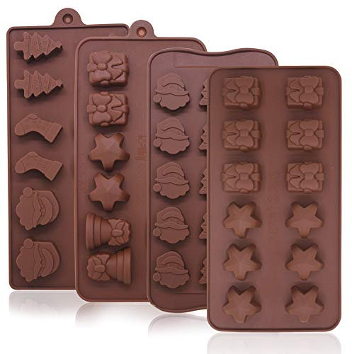 Christmas Silicone Chocolate Moulds, YuCool 4PCS Candy Jelly Baking Molds Gummy Bread Mold Trays with Christmas Themed Shapes for Chocolate Cake DIY for Xmas Party Cake Decoration