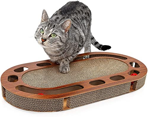 Pfotenolymp Katzenkratzbrett 57 x 30 x 5 cm - Interaktives Kratzbrett aus Wellpappe - Kratzpappe für Katzen mit Futterspielzeug - Spielball und Katzenminze - Kratzspielplatz für Katzen