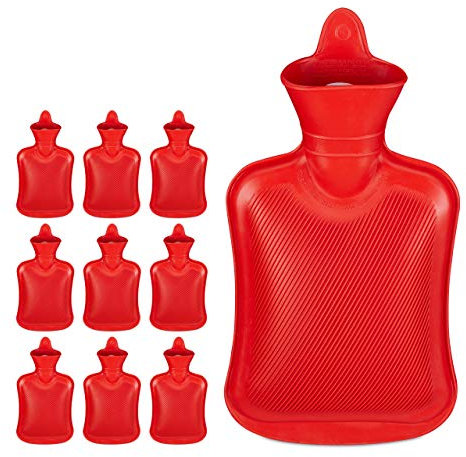 Relaxdays 10 x Wärmflasche 1 Liter, langlebig, sichere Wärmeflasche, Bettflasche ohne Bezug, geruchsneutraler Naturgummi, rot