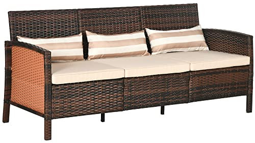Outsunny Rattan Sofa mit Kissen, Dreisitzer, Garten Loungesofa, Stahl, Braun, 173 x 68 x 78 cm